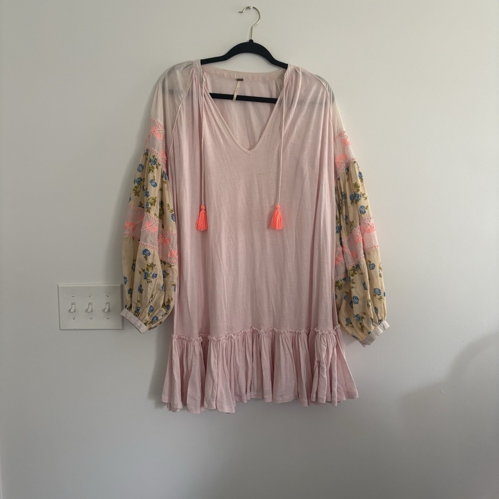 Free People Mix it Up Tunic Dress Balloon Sleeves Beads Cotton BohoFestive SzM - Picture 2 of 10